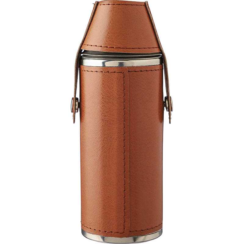 Kovová láhev se skleničkami v koženkovém obalu 230ml > hnědá