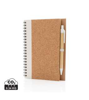 Korkový poznámkový blok s kroužkovou vazbou a perem, bílá