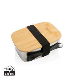 Nerezová krabička na jídlo s bambusovým víkem a příborem, stříbrná